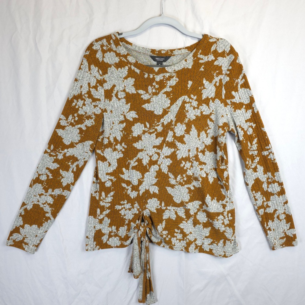 Simply Vera Vera Wang Knit Floral Tie Front Long Sleeve Top Women M Brown Gray